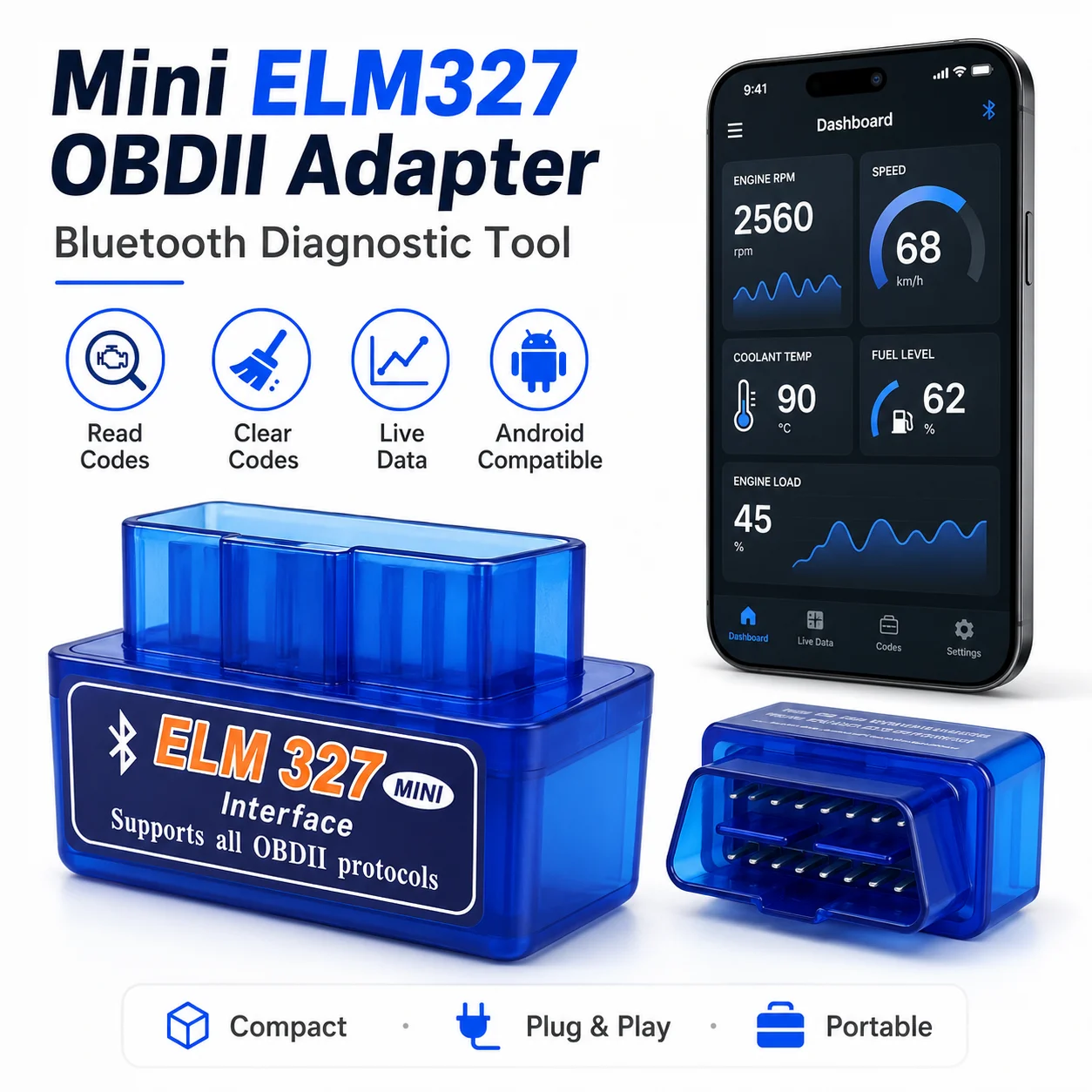 Elm327 Mini V2.1 - Wireless Car Diagnostic Scanner Tool, Blue (Battery Not Included)