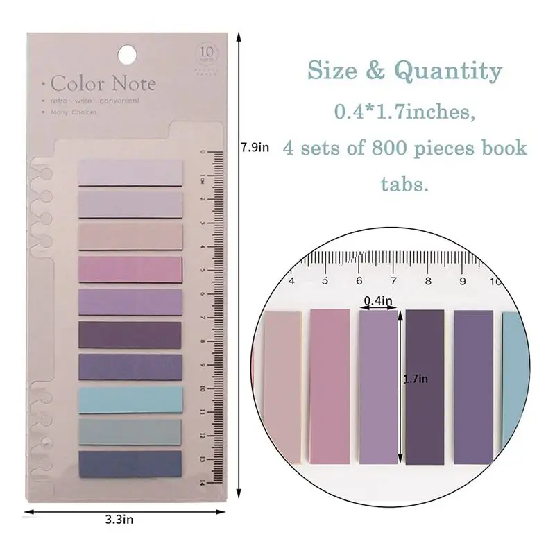 ABRI-1600 Pcs Sticky Index Tabs, 4 Sheets Morandi Strip Index Tabs, Writable Page Sticky Notes With Ruler For Page Marking