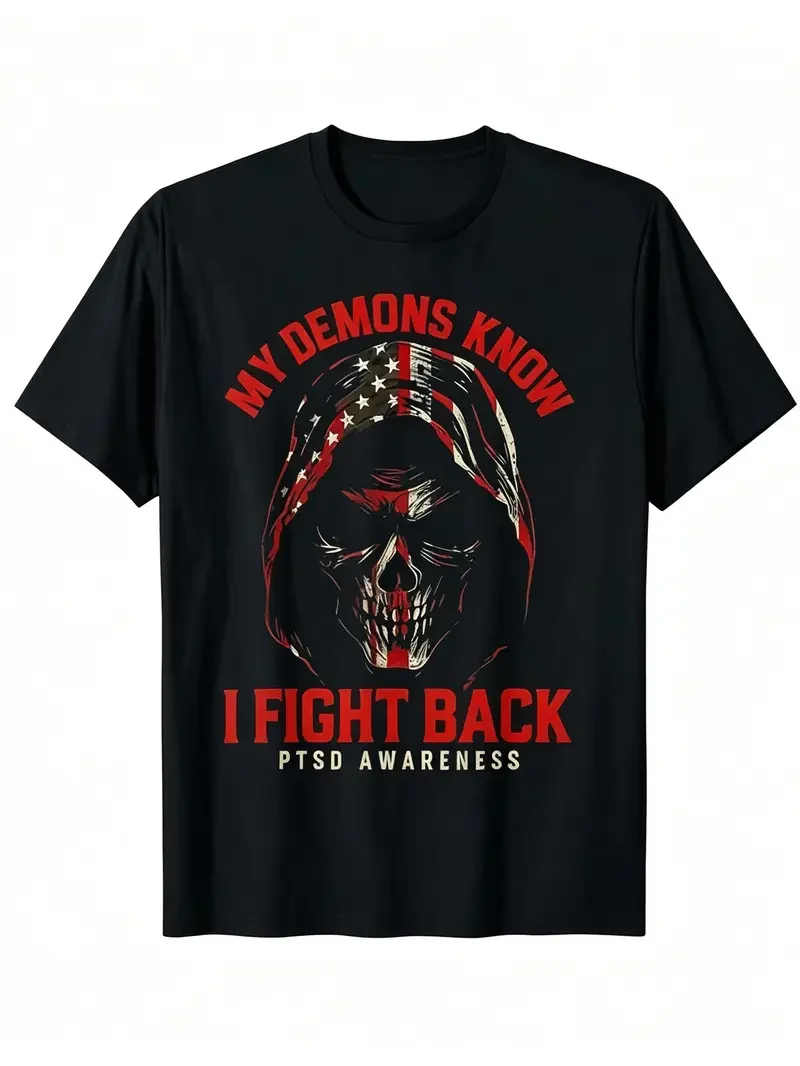 Men’s Short Sleeve T-Shirt, American Flag Skull Print Loose Fit Tee, My Demons Know I Fight Back PTSD Awareness Shirt, Casual Daily Streetwear