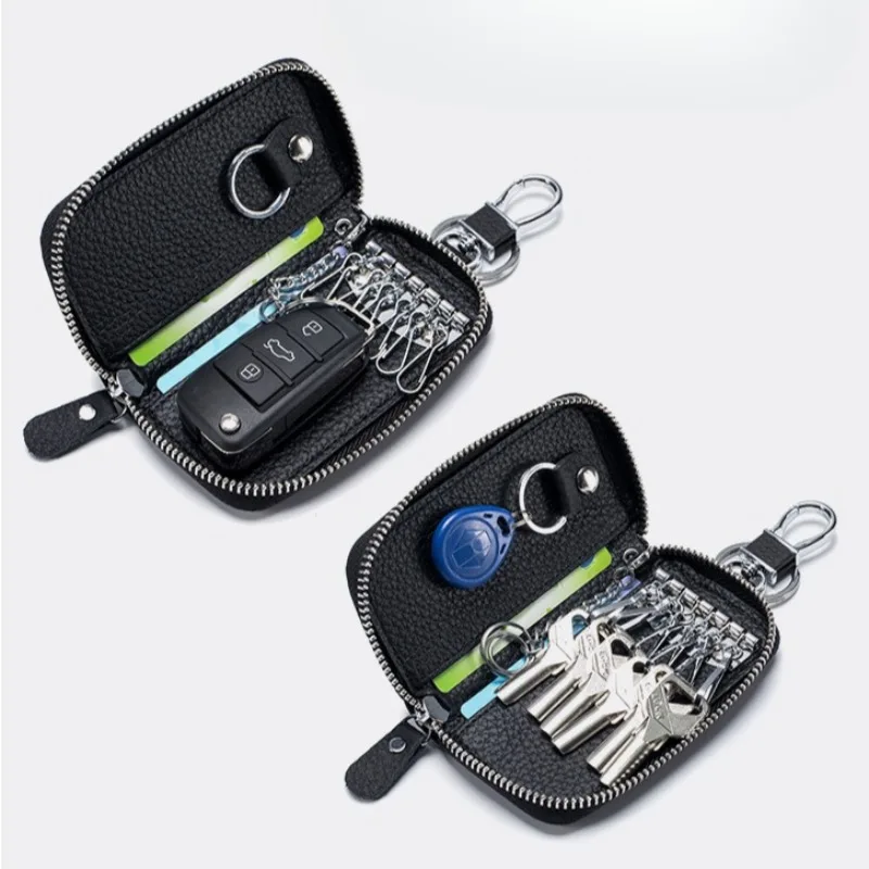 Genuine Leather Key Organizer Wallet Zipper Key Bag with Hanging Keyholder Multi Key Storage Case for Remote Fob and House Keys