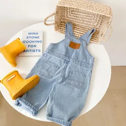 MILANCEL Kinder-Säuglingsoverall aus weichem, gewaschenem Denim für Jungen und Mädchen, Vordertasche, solide einteilige Hose, Outfit für 1–7 Jahre