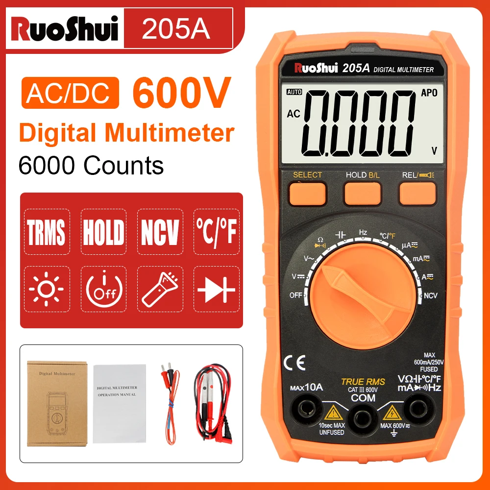 VICTOR Digital Multimeter Tester 6000 Counts AC/DC Current  Voltage Meter Ohm Amp Meter Auto-Ranging Fast Tester 205A