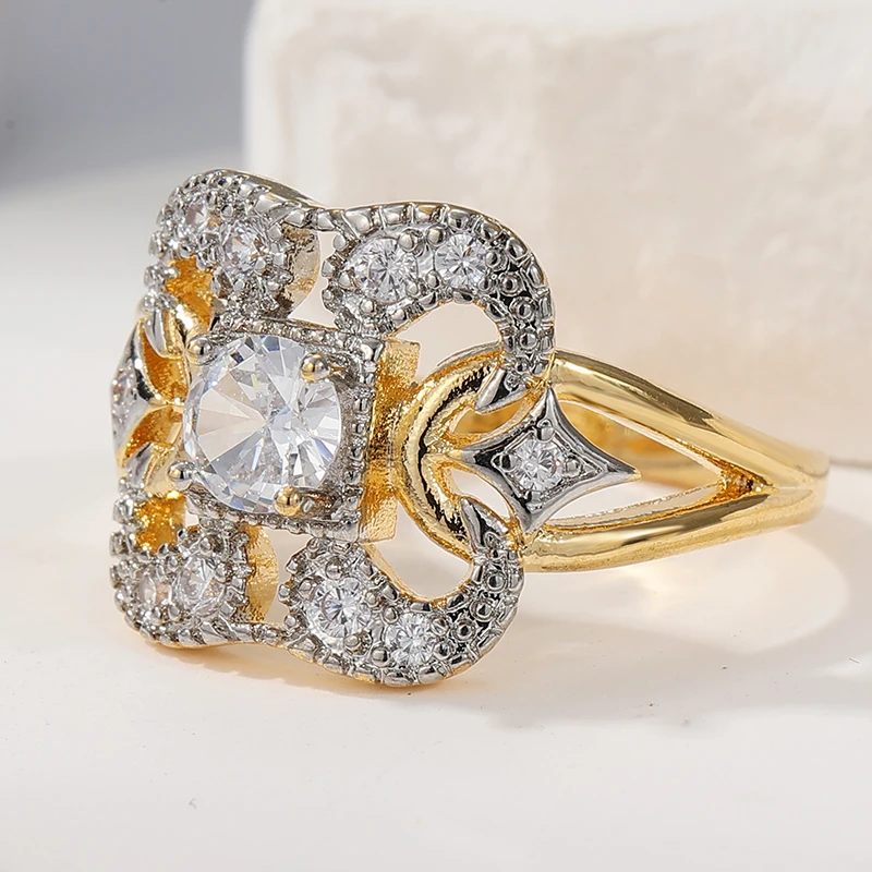 Wunderschöner eingelegter weißer CZ-Damenring, trendiger zweifarbiger geometrischer Hohlring für den täglichen Gebrauch, Party-Schmuck, Jubiläumsgeschenk – Detail 2