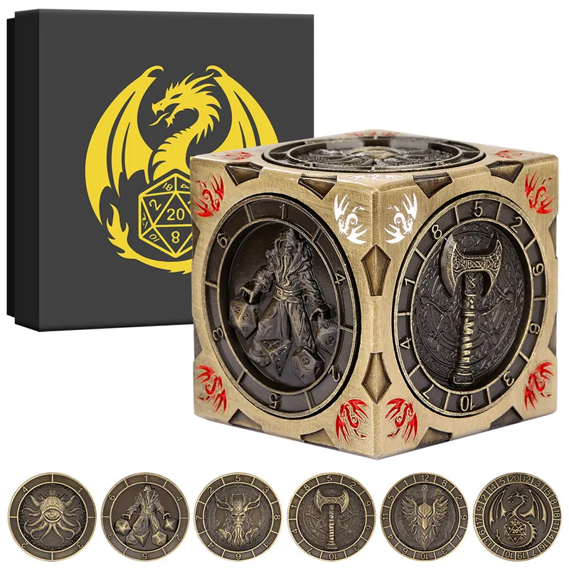 

Retro Turnable Dice with Six Pattern D4/d6D/d8/d10/d12/d20 7-In-1 Metal Polyhedral Rotate Dices for Rpg Role Play Game Set