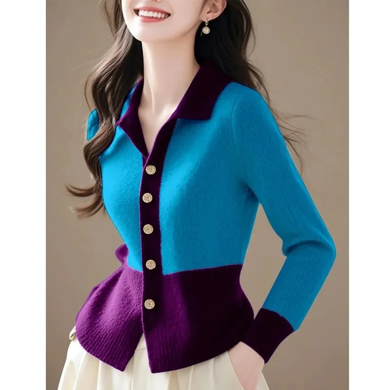 Women\'s Knitted Sweater 2025 New Spring Autumn Fashion Polo Collar Knitwear Cardigan Coat Leisure Versatile Sweater Jacket Top