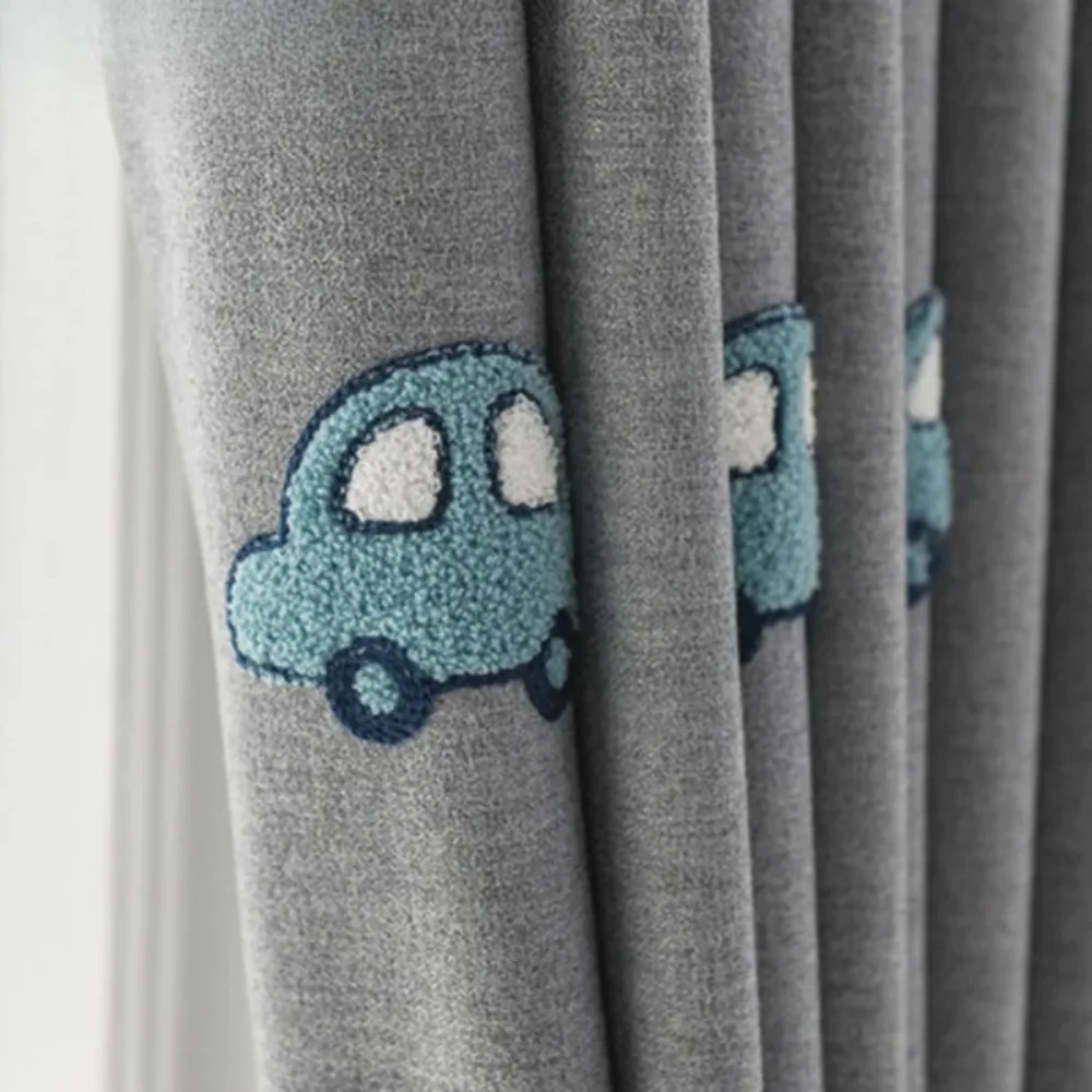Gray Cotton Linen Cartoon Cute Towel Embroidered Car Stereoscopic Thickened Blackout Window Curtains for Children 's Bedroom