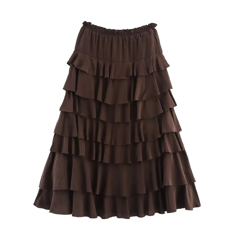 

Summer 2025 Midi Skirt Women's mid Waist Design Sense Layered Decorative Flute f-length Skirts 38209 Casual Polyester Fiber