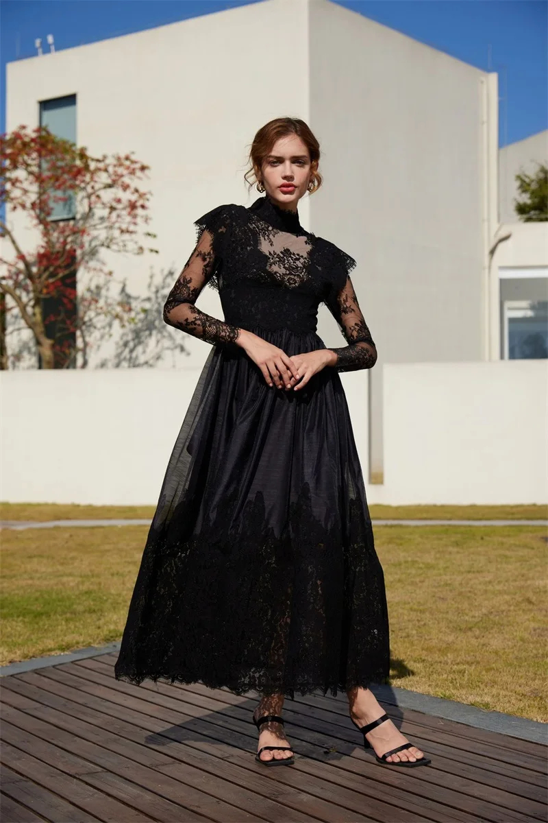 

Black Lace Evening Dress Sexy See Through Full Sleeves High Neck A Line Skrit Formal Casual Birthday Prom Dress