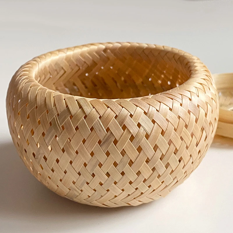 Bamboo Storage Basket With Lid Double Layer Handmade Woven Tea Basket Tabletop Storage Box for Tea Fruit Dried Fruit Snack Food