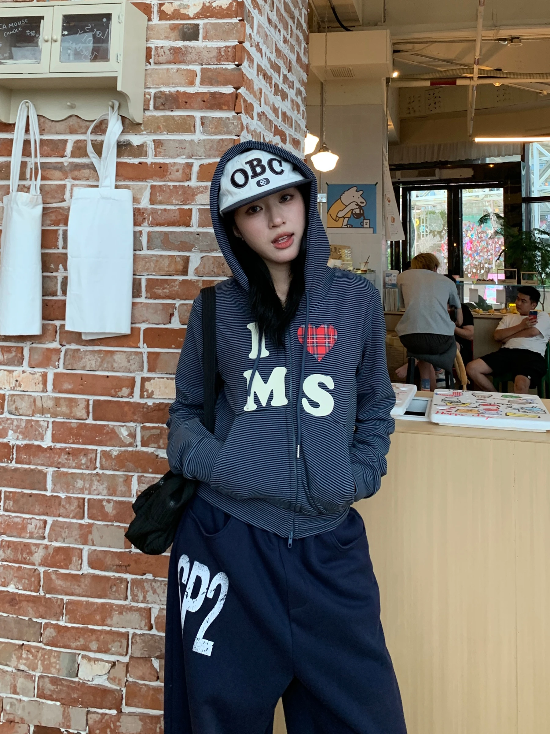 

Muziyang American Retro Heart Stripe Hoodie Women's Loose Open Cardigan Outerwear Trendy Autumn Design Long Sve Zipper