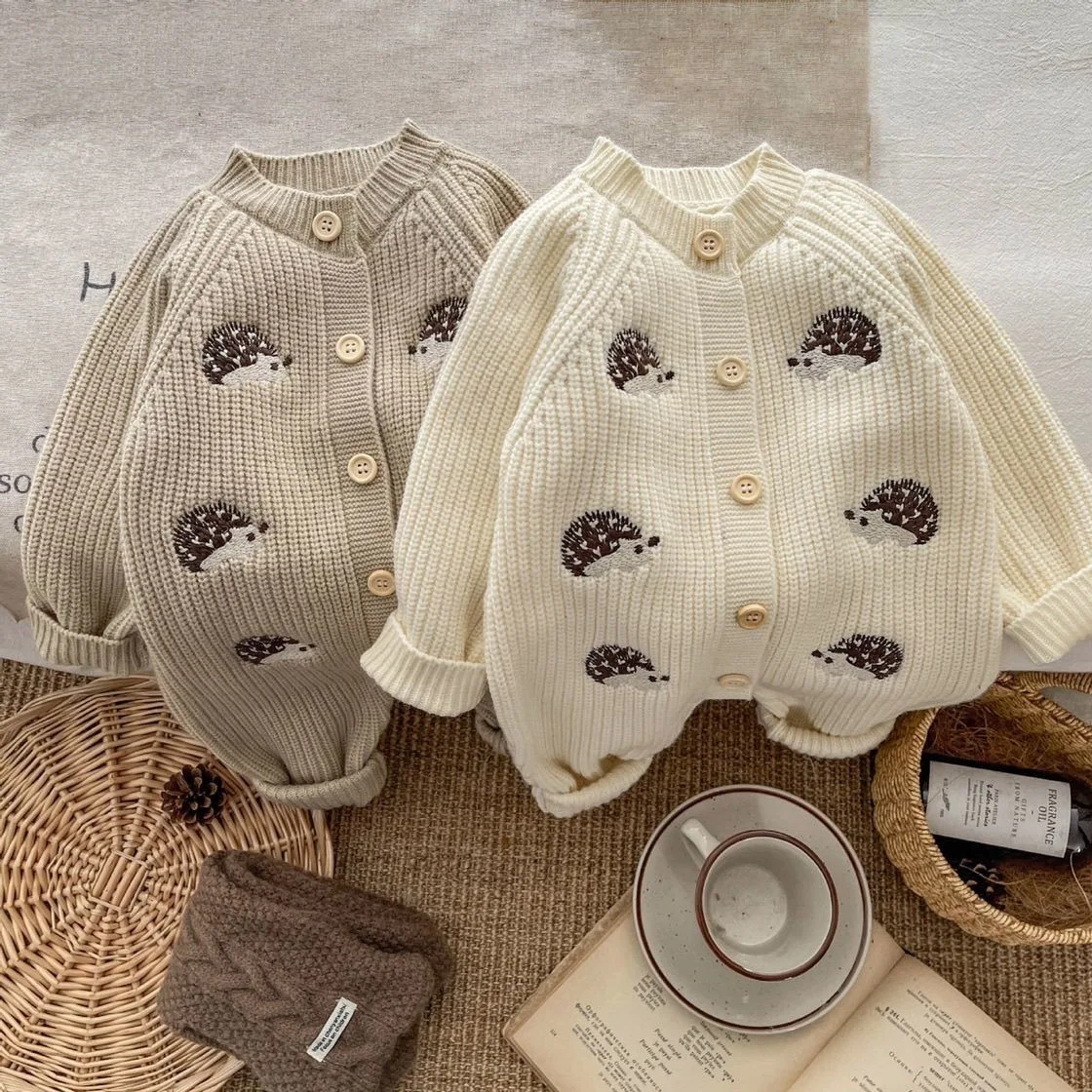 Hedgehog Embroidery Baby Knitted Romper Long-Sleeve Button Closure Warm Sweater Cloth Winter Outfits for Newborn Boys Girls Gift