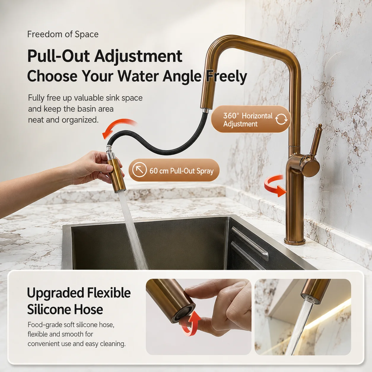 Brushed Rose Gold Pull Out Kitchen Faucet 360° Swivel PVD Hot Cold Mixer Tap With Silicone Hose