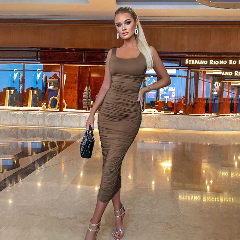 

2024 Women's Fashion Sleeveless Strap Style Sexy Backless Mini Skirt U-shaped Collar Slim Fold Solid Color Party Evening Dress