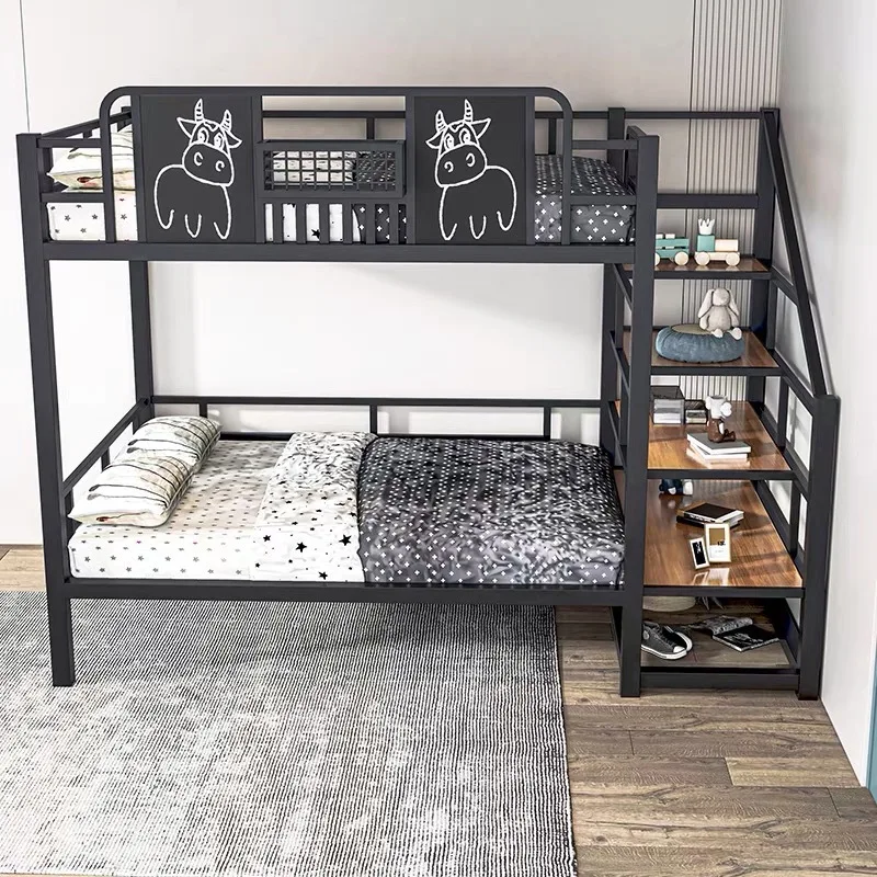 Wrought iron ladder cabinet elevated bed modern apartment dormitory bed table space saving loft duplex iron frame bed bunk