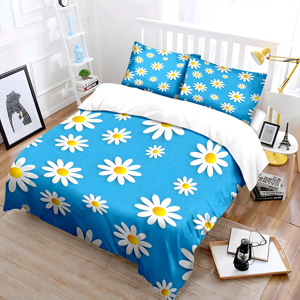 Pretty daisy flowers blue background Bedding Set 1 Duvet Cover 2 Pillowcases for Adult and Children Luxury Gift Full Size