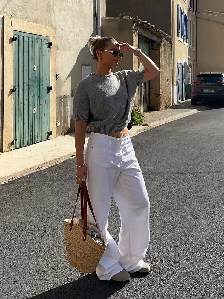 

Casual Knit Short Sleeve Thin Top Women's Fashionable Simple Commuting Pure Color Loose Short Sleeve Pure Wool Knitwear