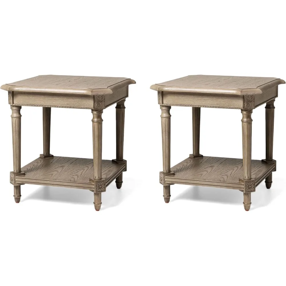 Multipurpose Traditional Style Tall Square Wooden Side Table with Storage in Rustic Antiqued Grey Finish, Set of 2，Nightstands