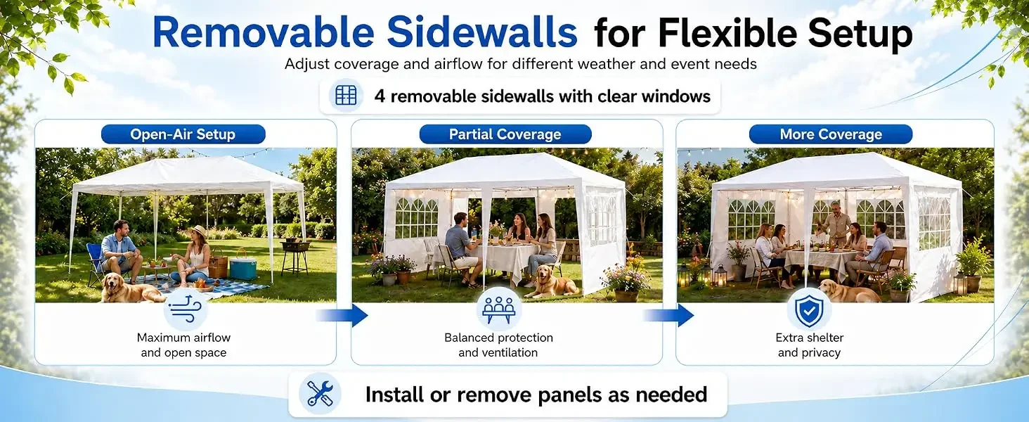 10 X 20 FT Outdoor Party Canopy Tent in White, with Removable Window Sidewalls, Ropes, and Stakes — Ldeal for Backyard Events, Weddings, Graduations, Picnics, and Outdoor Dining.
