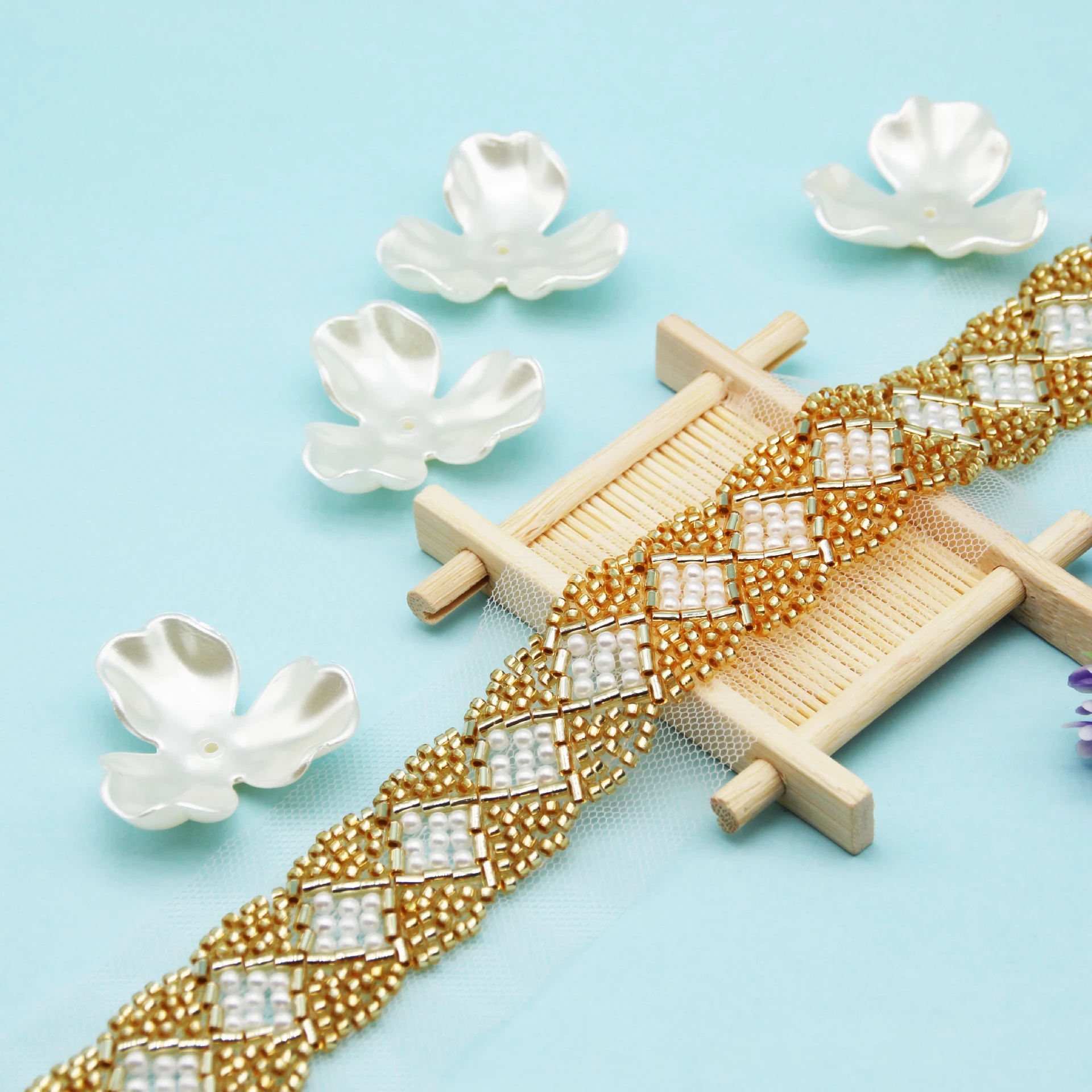 1 Meter Beaded Lace Trim Gold Sewing Pearl Lace Seed Beads DIY Crafts Clothes Wedding Furniture Decoration Beading Lace