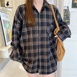 CHAXIAOA-camisas Vintage a cuadros para mujer, Tops de manga larga de gran tamaño con botones, ropa informal holgada coreana para otoño