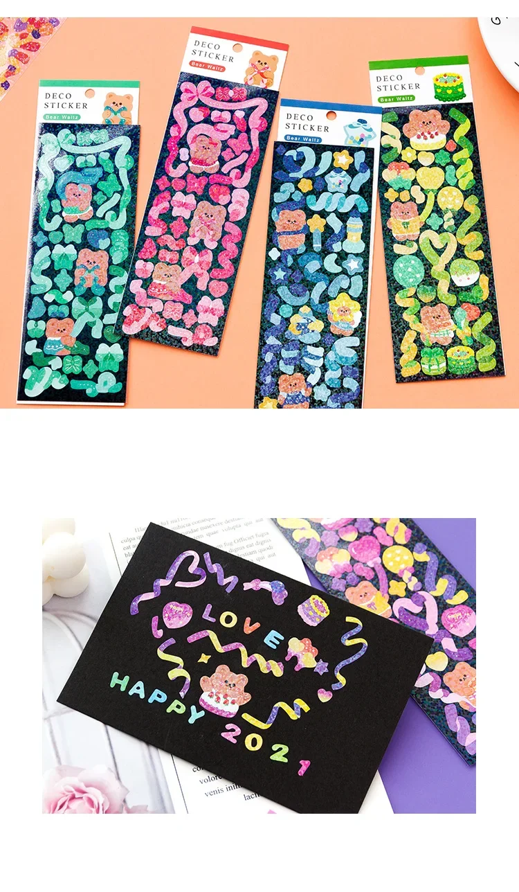 2 Sheets Laser Film Coated Sticker Bear Waltz Series Ribbon Hand Account DIY Material Decorative Stickers