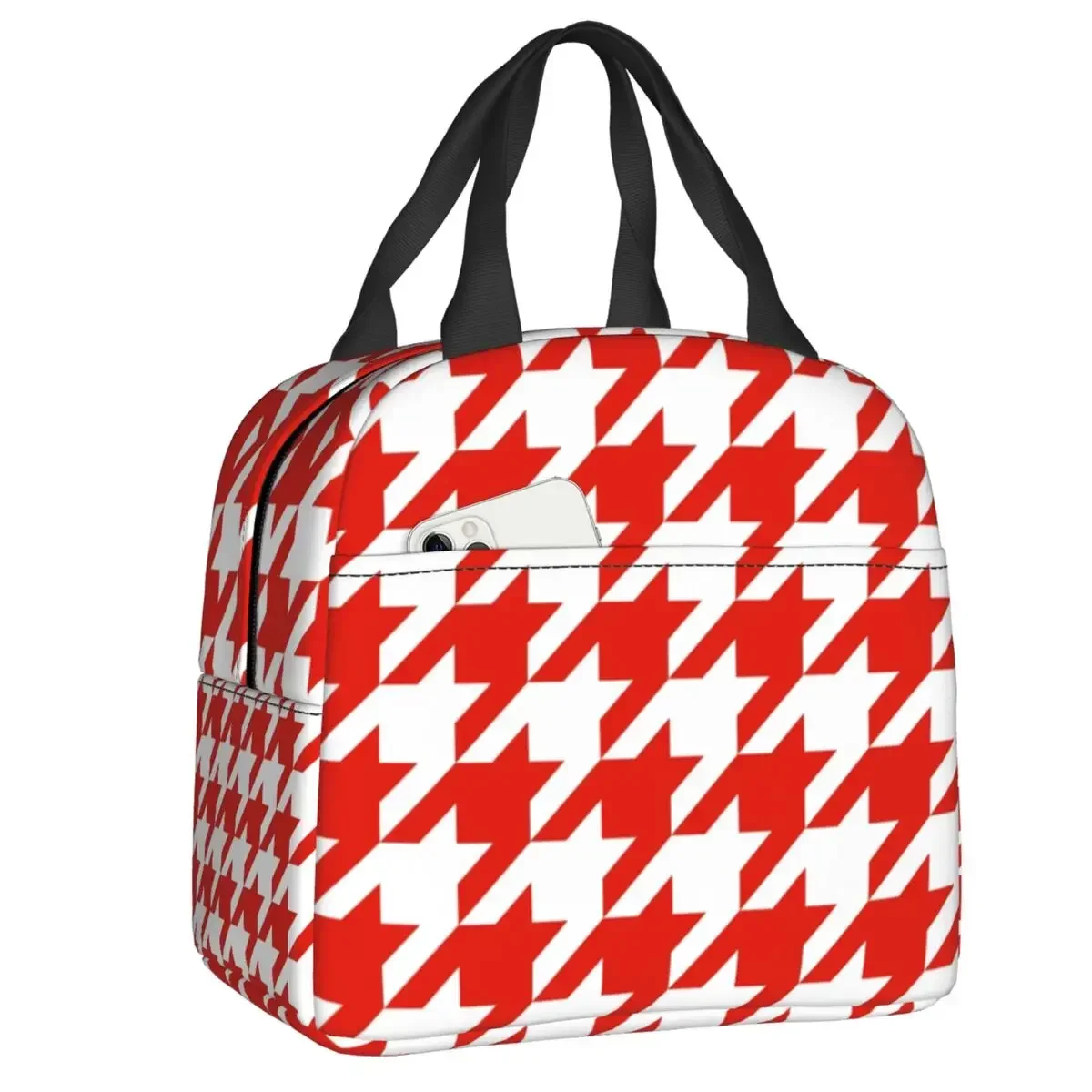 Red Large Houndstooth Resuable Lunch Boxes Multifunction Dogtooth Cooler Thermal Food Insulated Lunch Bag Kids School Children