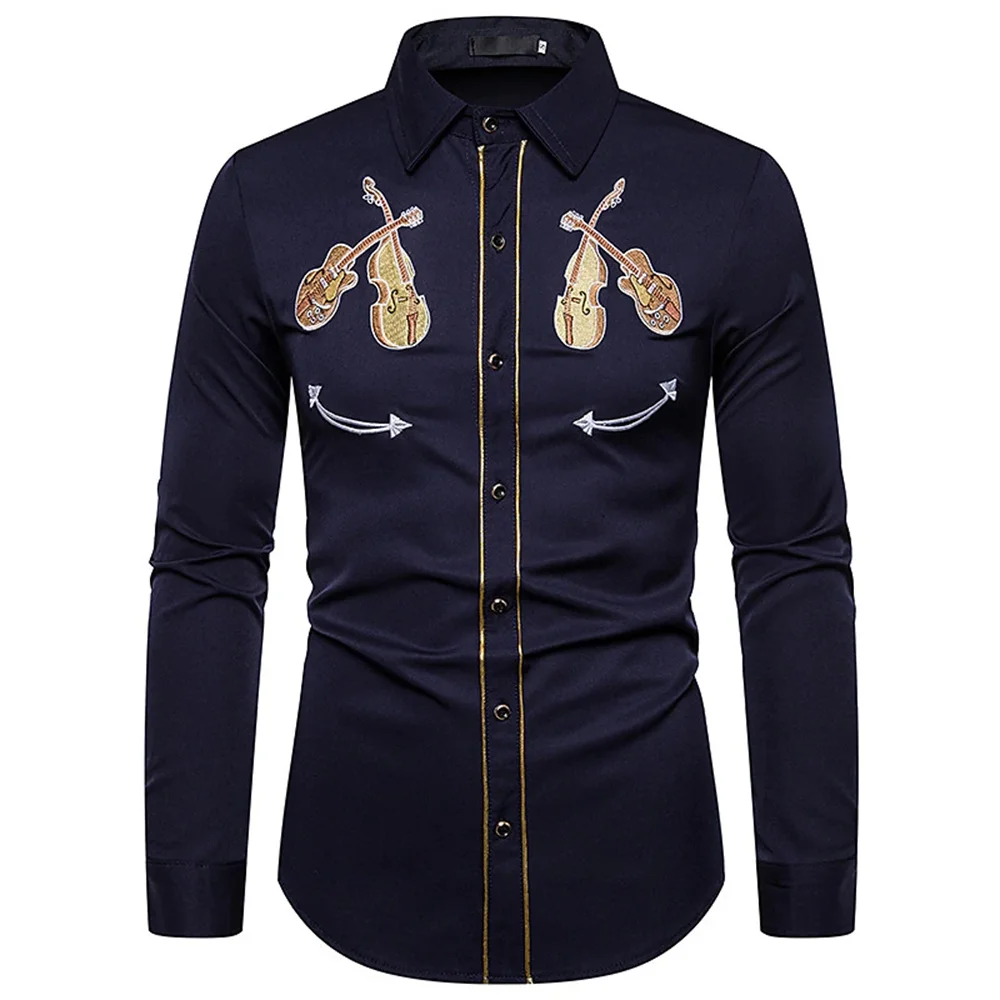 Camisa de estilo occidental para hombre, patrón de instrumentos musicales, estampado de botones de manga larga de calle, ropa de calle deportiva de