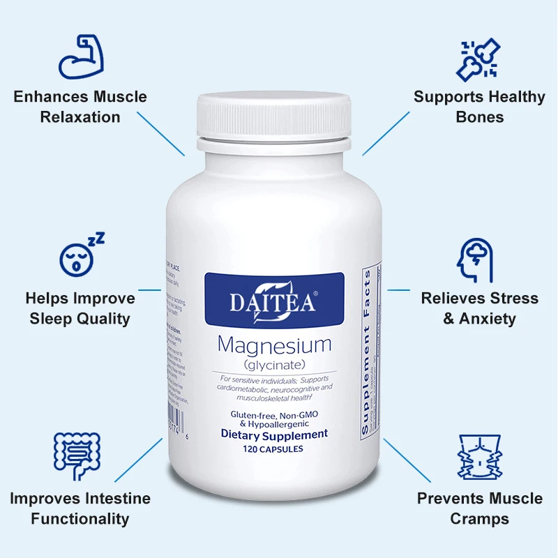 Magnesium Glycinate Capsules, High Absorption Chelated, Supports Sleep, Muscle, Nerve, Heart & Bone Health, Vegan Non-GMO
