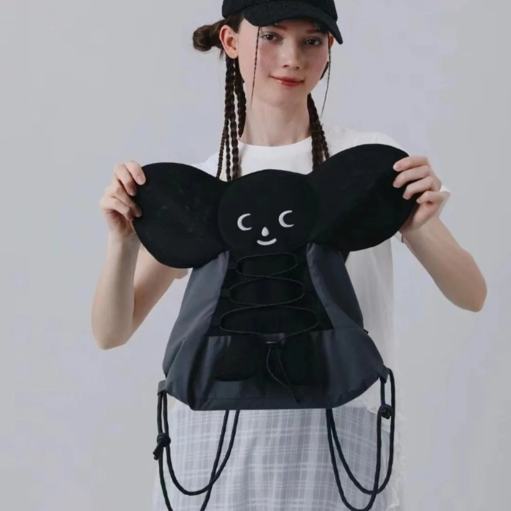 

Cute Casual Cartoon Backpack Large Capacity Adorable Doll School Bag Lightweight Drawstring Black Double Shoulder Bag Girls