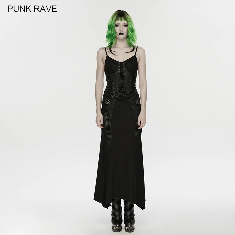 PUNK RAVE Women's Punk Fish Scale Mesh Dress Front Symmetrical Trapezoidal Cutting Hazy Perspective Irregular Hem Sexy Dresses