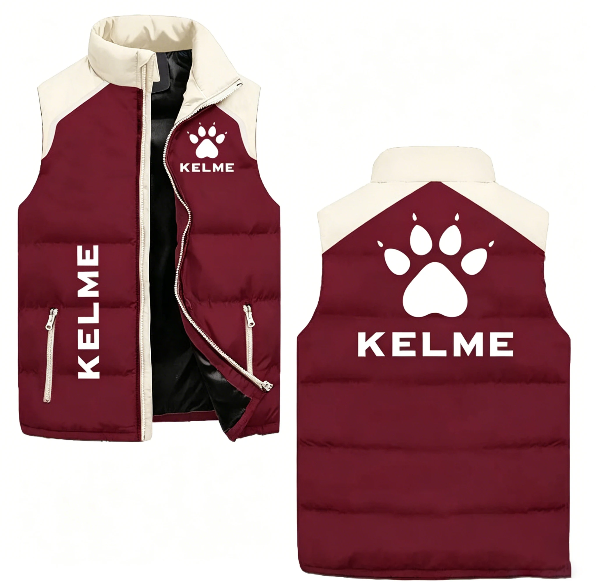 KELME Men's Sleeveless Puffer Vest Stand Collar Windproof Cotton Waistcoat for Football Training Warm Padded Vest Windproof Slee