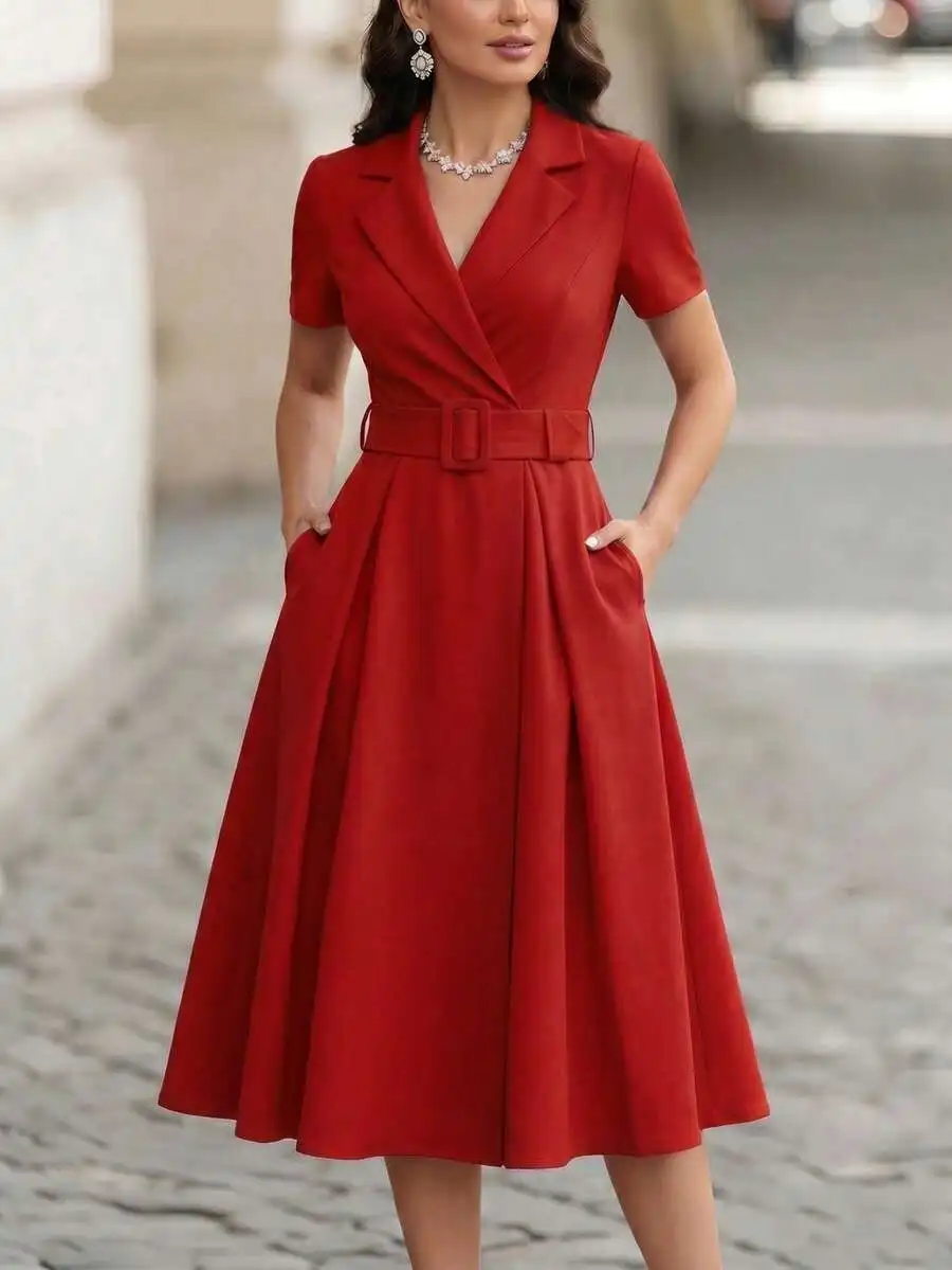 

Women Elegant Short Sleeve Shirt Collar Dress Waist Cinched Flared Silhouette Office Formal Wedding Guest