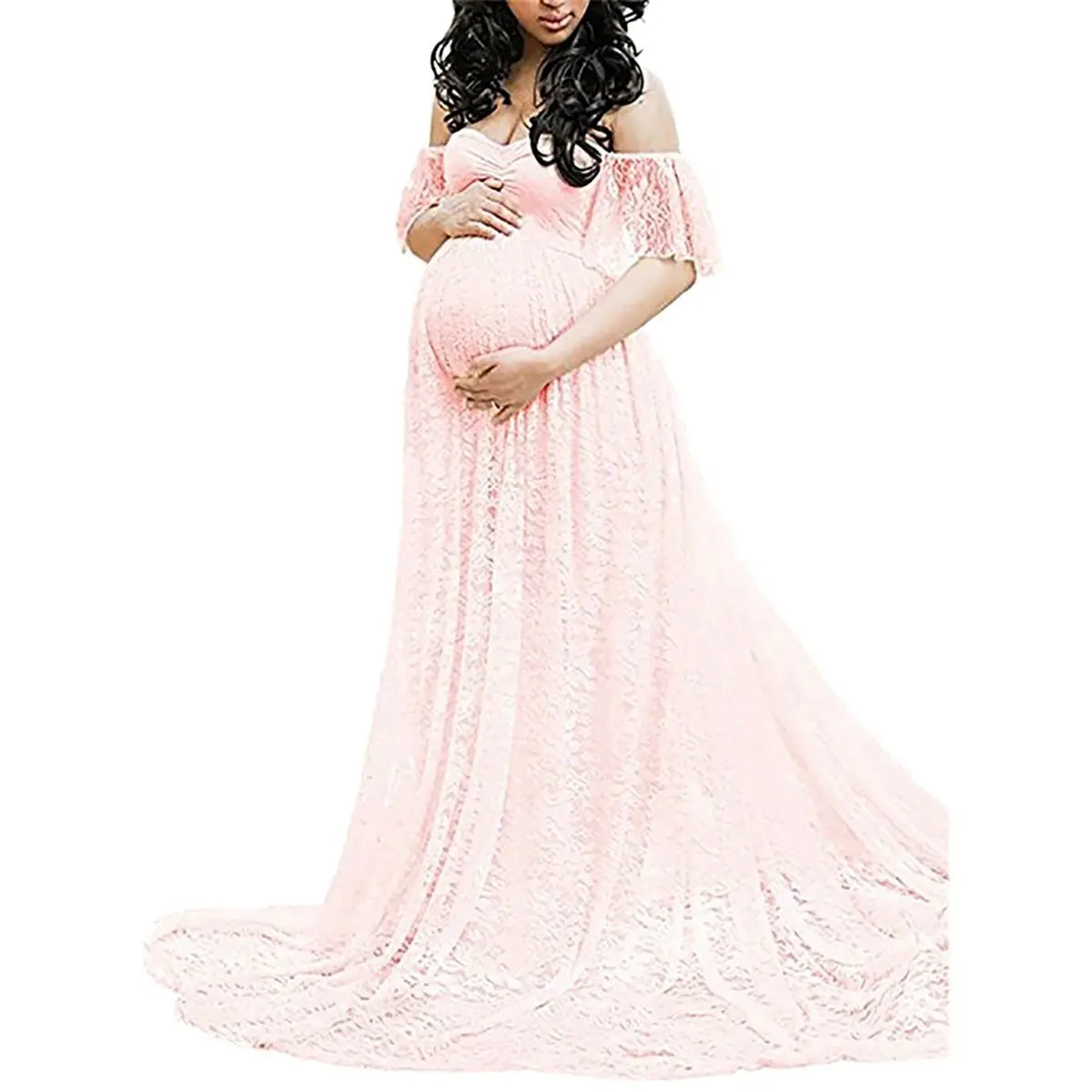 European and American Lace Maternity Tail Short-sleeved Dress Photography Flying Sleeve Dress