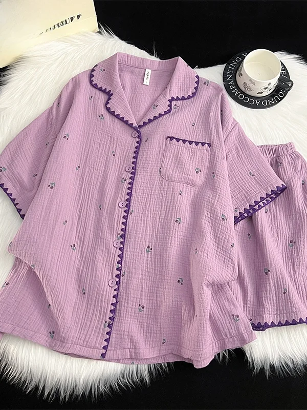 Cloud Cotton Summer Sleepwear Women's Short Sleeve Shorts  Collar Set Sweet Color Contrast Outdoor Home Clothes