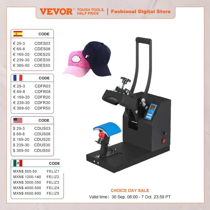 

VEVOR Hat Cap Heat Press 5.5 x 3.5 inch Heat Transfer Stamping Sublimation Machine Digital Display Clamshell for DIY Advertising