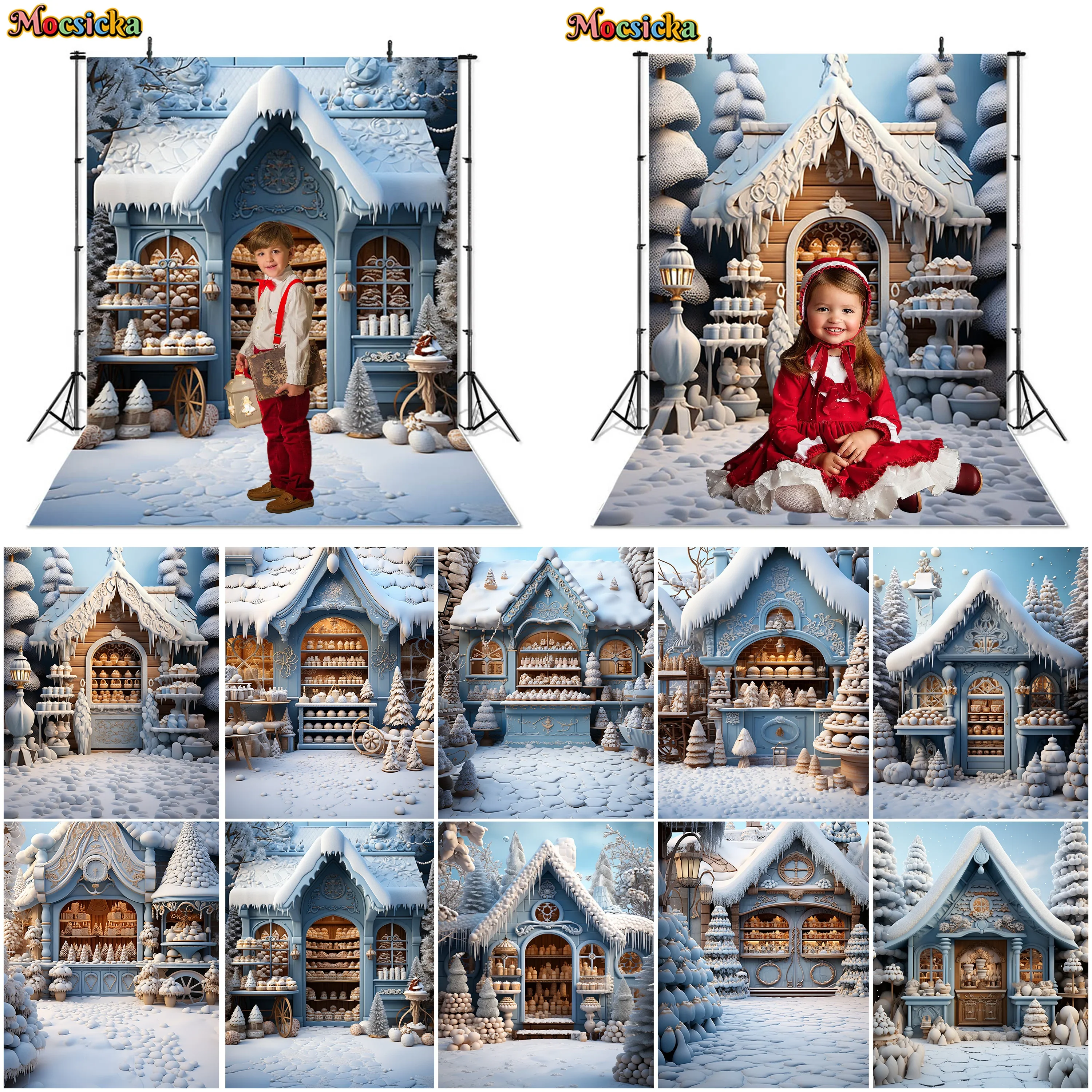 Mocsicka Winter Christmas Dessert Shop Background Frozen Forest Xmas Tree Decor Kids Portrait Snow Mop Studio Photography Props