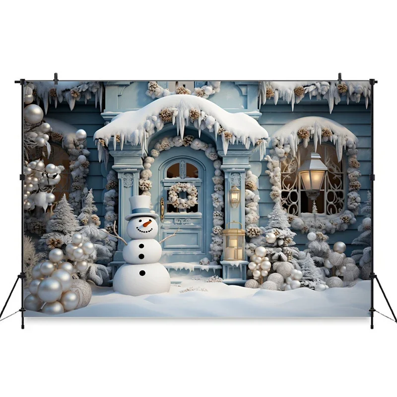 Christmas Snowman Backdrop Xmas Tree Winter Blue House Background Home New year Girl Boys Children Photo Studio Decoration Props