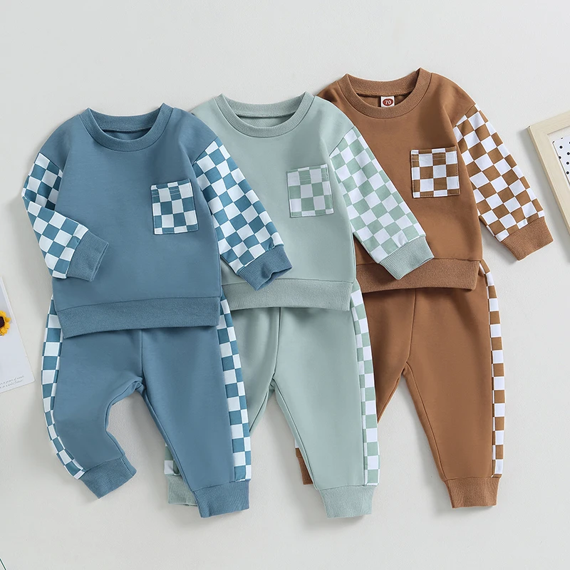 Autumn Baby Boys Outfits Newborn Clothes Checkerboard Print Long Sleeve Sweatshirt Tops Drawstring Pants Set Infant Soft Suits