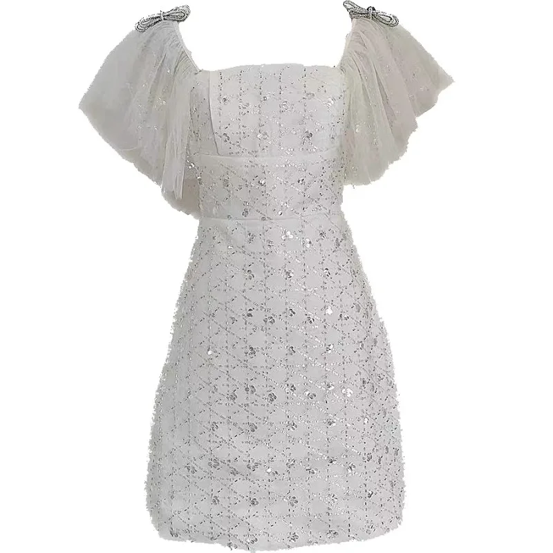 French Style Chic Trendy Dress Mesh Cut Embroidery Beads Sequined Slim-Fit Diamond-Studded Bow Lace-up White Color Sweet Vestido