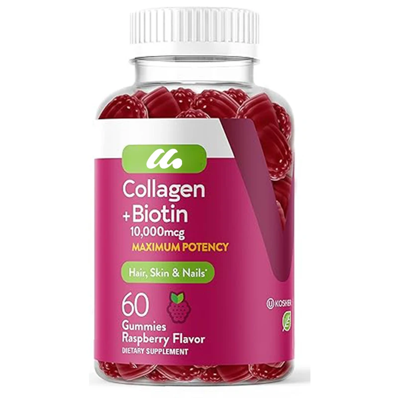 Collagen and Biotin Gummies -Hair Growth Vitamins, Nail Growth Vitamins, Skin Vitamins - Raspberry Flavored Gummies -60 capsules