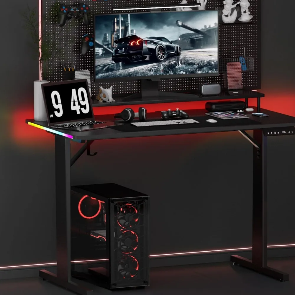55 Inch Gaming Desk with LED Lights, Carbon Fiber Surface Computer Desk with Mouse Pad and Headphone Hook for Home Office