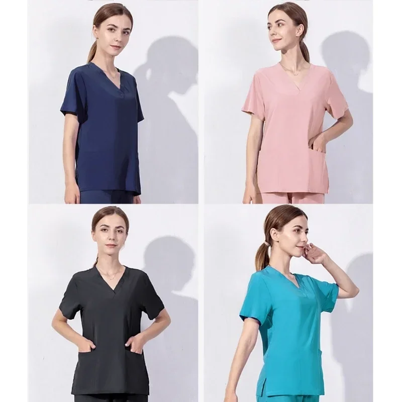 Solid Medical Nursing Uniform Scrub Set Womens Stretch V-neck Top and-Pants Medical Scrubs for Doctor Nurse Esthetician