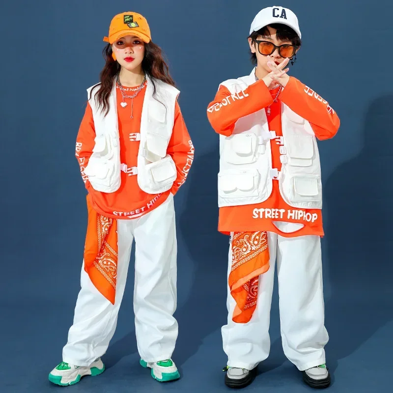 Ropa de baile callejero para niños, chaleco blanco y naranja, sudadera con pantalones holgados, traje de actuación de Jazz de tambor, traje de