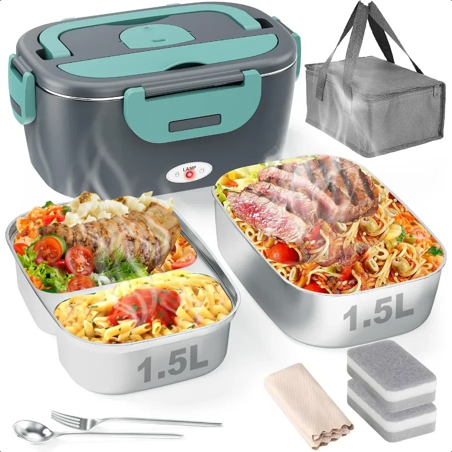 

Electric Lunch Box for Men Women Adults 80W Fast Heating Heated Lunch Box with Dual 1.5L SS Containers Portable Food Warmer for