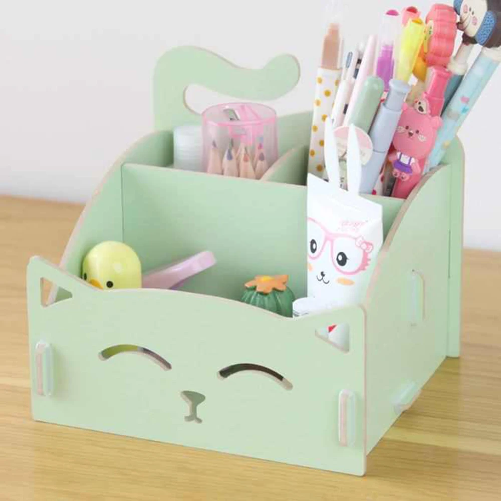 Cute cat pen holders Multifunctional storage Wooden cosmetic storage box/Memo box/Penholder gift office organizer School supplie