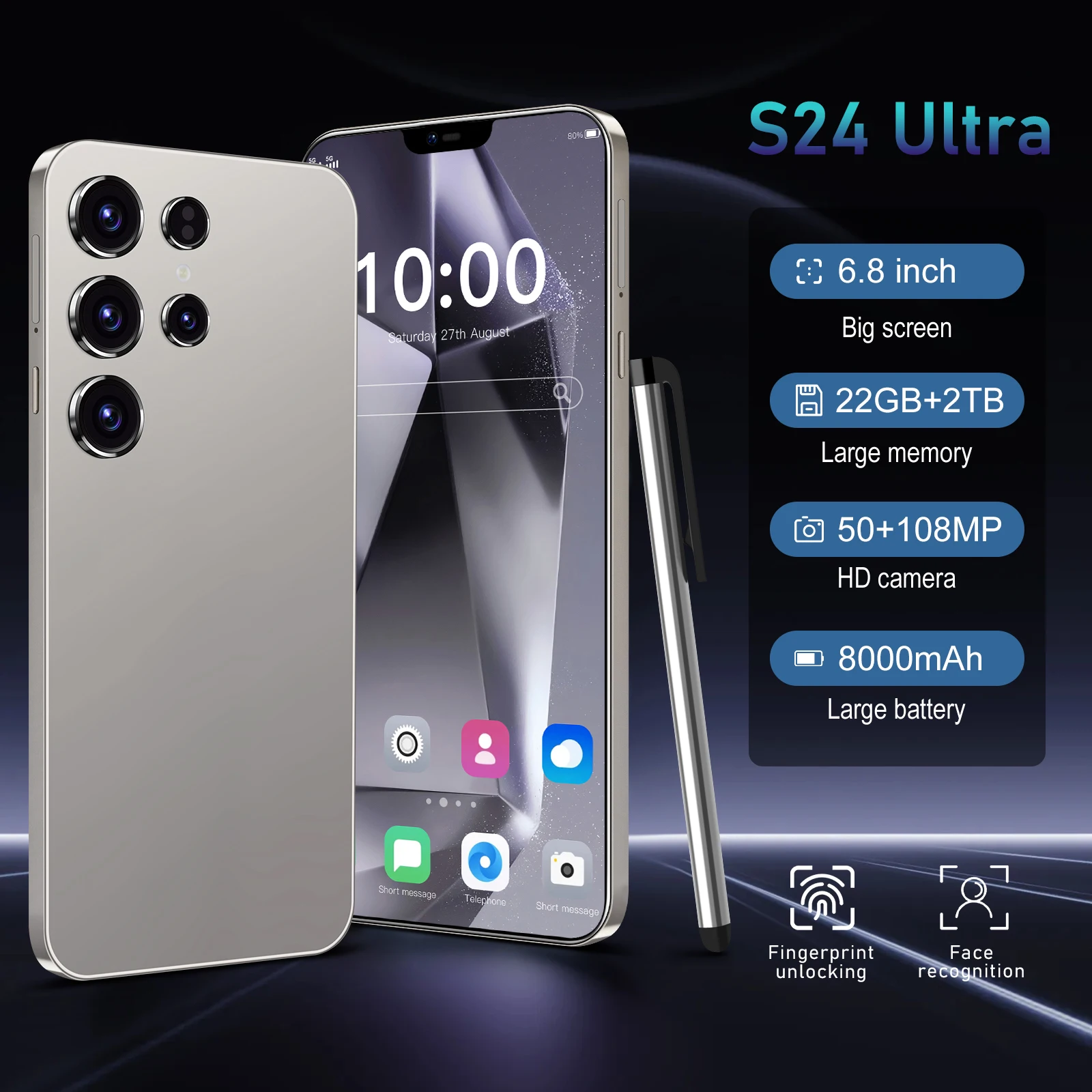 Новая модель S24 UItra, 6,8 дюйма, 2025, оригинальный смарт-телефон 5G, двойная карта, двойной режим ожидания, система Android14, аккумулятор 8000 мАч