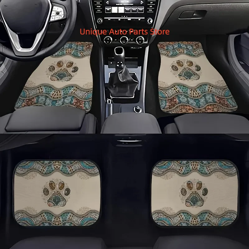 4pcs Car Floor Mats, Bohemian Dog Paw Print Pattern Car Front And Back Seat Floor Mats All Weather Padding Protection Car Decor