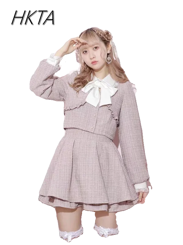 Japanese Original Autumn New Dress Set Women's Lolita Sweet Bow Lace Mine Ruffle Long Sleeved Top Shorts 2-piece Set Culottes