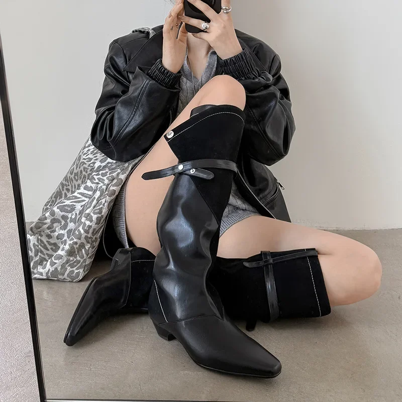 Autumn black cowhide Skinny boots Square toe slip-on Low heel Knee high boots Large rivet Women's Boots
