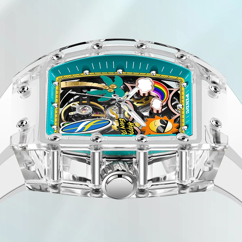 PINDU Modische Herren-Automatikuhr, Silikonarmband, Acryl, Tonneau-Form, mechanische Uhr, Skelett-Zifferblatt, 30 m wasserdicht, leuchtend